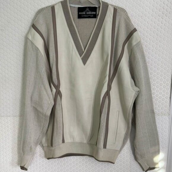 Vtg ANDRE GHEKIERE Cotton and Leather V-Neck Beige Pullover Sweater Size XL EUC - Picture 1 of 8